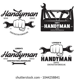 Handyman labels badges emblems and design elements. Tools silhouettes. Carpentry related vector vintage illustration. Isolated on white background.