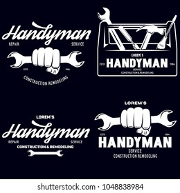 Handyman labels badges emblems and design elements. Tools silhouettes. Carpentry related vector vintage illustration. Isolated on black background.