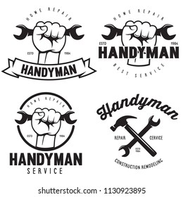 Handyman labels badges emblems and design elements. Tools silhouettes. Carpentry related vector vintage illustration. Isolated on white background.