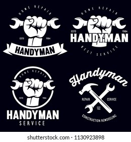 Handyman labels badges emblems and design elements. Tools silhouettes. Carpentry related vector vintage illustration. Isolated on black background.