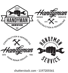 Handyman labels, badges, emblems, design elements. Tools silhouettes. Carpentry related vector vintage illustration. Vector design for your logo with set of workers tools.