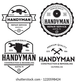 Handyman labels badges emblems and design elements. Tools silhouettes. Carpentry related vector vintage illustration. Isolated on white background.