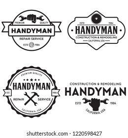 Handyman labels badges emblems and design elements. Tools silhouettes. Carpentry related vector vintage illustration. Isolated on white background.