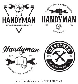 Handyman labels badges emblems and design elements. Tools silhouettes. Carpentry related vintage illustration. Isolated vector illustration.