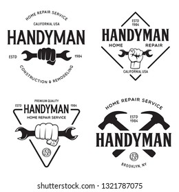 Handyman labels badges emblems and design elements. Tools silhouettes. Carpentry related vintage illustration. Isolated vector illustration.
