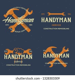 Handyman labels badges emblems and design elements. Tools silhouettes. Carpentry related vintage illustration. Isolated vector illustration.