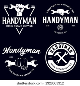 Handyman labels badges emblems and design elements. Tools silhouettes. Carpentry related vintage illustration. Isolated vector illustration.