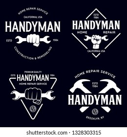 Handyman labels badges emblems and design elements. Tools silhouettes. Carpentry related vintage illustration. Isolated vector illustration.