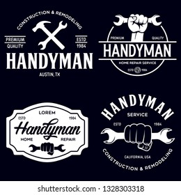 Handyman labels badges emblems and design elements. Tools silhouettes. Carpentry related vintage illustration. Isolated vector illustration.