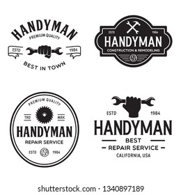 Handyman labels badges emblems and design elements. Tools silhouettes. Carpentry related vintage illustration. Isolated vector illustration.