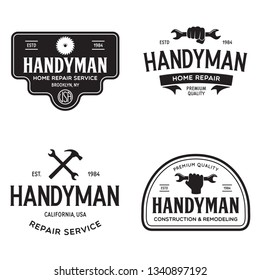 Handyman labels badges emblems and design elements. Tools silhouettes. Carpentry related vintage illustration. Isolated vector illustration.