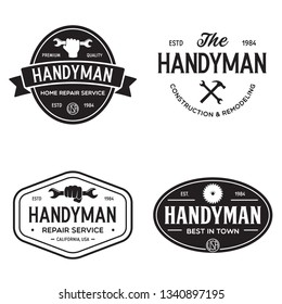 Handyman labels badges emblems and design elements. Tools silhouettes. Carpentry related vintage illustration. Isolated vector illustration.