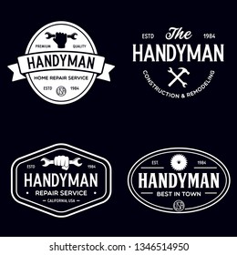 Handyman labels badges emblems and design elements. Tools silhouettes. Carpentry related vintage illustration. Isolated vector illustration.