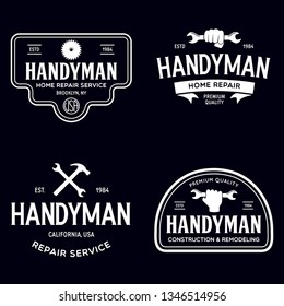Handyman labels badges emblems and design elements. Tools silhouettes. Carpentry related vintage illustration. Isolated vector illustration.