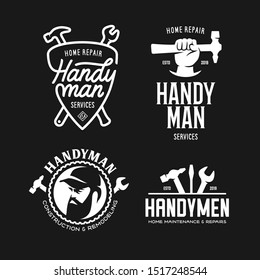 Handyman labels badges emblems and design elements. Tools silhouettes. Carpentry related vector vintage illustration.