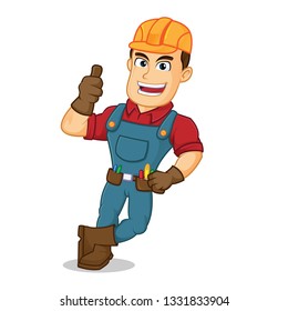 Handyman leaning give thumb up cartoon illustration, can be download in vector format for unlimited image size