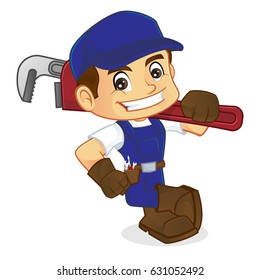 Handyman leaning on empty space carrying adjustable wrench isolated in white background