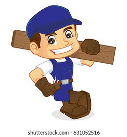 Handyman leaning on empty space carrying wood plank isolated in white background