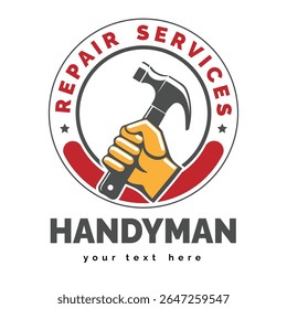 Handyman Logo Design-Vorlage. Arbeiter Hand in Handschuh hält Hammer einzelne Vektorgrafik