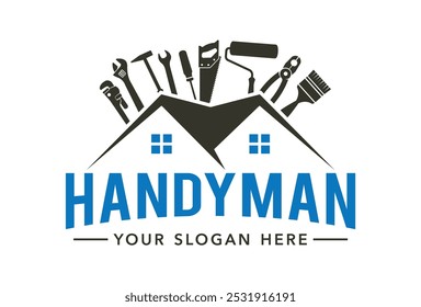 Logo do Handyman. Trabalhador com equipamentos emblemas de manutenção chave de fenda mão contratante homem símbolos vetoriais.