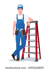 Handyman, Maintenance Engineer Character Standing Next to a Ladder with Tools and Equipment's Vector Illustration