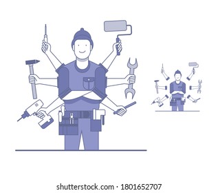 Handyman with many tools. Document ready to animate. Flat vector design