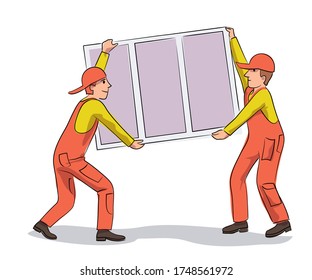 Handyman Master professionelle Team bei der Arbeit. Ingenieur in der Arbeitsbühne, die einen Kunststoffrahmen hält. Windows-Installationsdienst. Renovierung des Innenraums Vektordesign einzeln auf weißem Hintergrund
