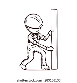 Handyman measures the wall. Hand drawn vector illustration.