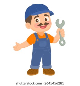 Homem de mão, mecânico, mascote de desenhos animados, segurando uma chave inglesa ou ferramenta de chave inglesa.