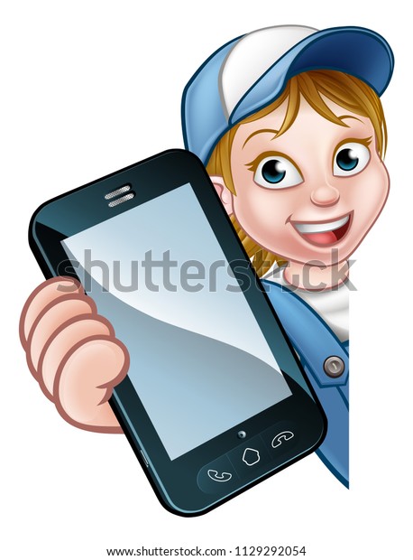 A\
handyman or mechanic holding a phone with\
copyspace