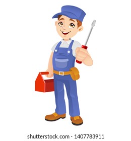 Handyman Mechanic holding a screw driver and toolbox