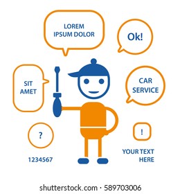 Handyman mechanic holding a screwdriver, technical support or maintenance vector illustration.