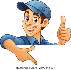 A handyman, mechanic or painter decorator mascot man peeking around sign and pointing at it. Or perhaps an electrician, plumber or gardener. Could also be a window cleaner.