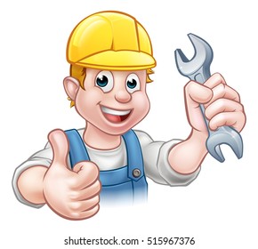 A handyman mechanic or plumber cartoon character holding a spanner and giving a thumbs up