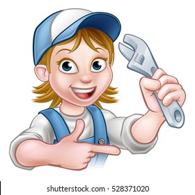 A handyman mechanic or plumber cartoon character holding a spanner and pointing