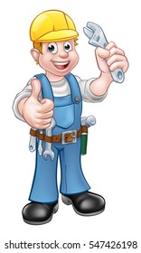 A handyman mechanic or plumber cartoon character holding a spanner and giving a thumbs up