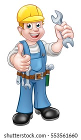 A handyman mechanic or plumber cartoon character holding a spanner and giving a thumbs up