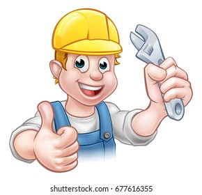A handyman mechanic or plumber cartoon character holding a spanner and giving a thumbs up