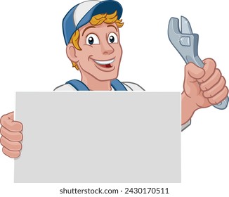 A handyman, mechanic, plumber or other construction cartoon mascot man holding a wrench or spanner tool.