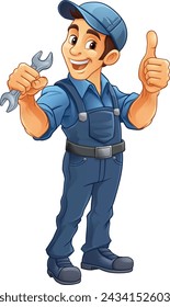 A handyman, mechanic, plumber or other construction cartoon mascot man holding a wrench or spanner tool.