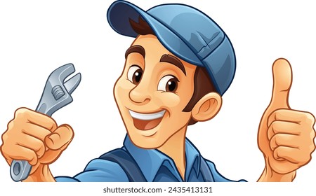 A handyman, mechanic, plumber or other construction cartoon mascot man holding a wrench or spanner tool.