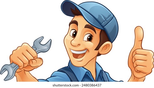 A handyman, mechanic, plumber or other construction cartoon mascot man holding a wrench or spanner tool.