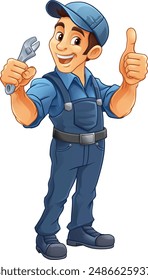 A handyman, mechanic, plumber or other construction cartoon mascot man holding a wrench or spanner tool.