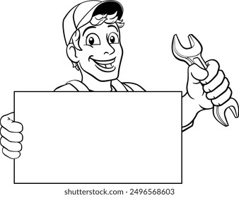 A handyman, mechanic, plumber or other construction cartoon mascot man holding a wrench or spanner tool.