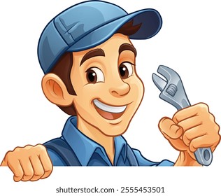 A handyman, mechanic, plumber or other construction cartoon mascot man holding a wrench or spanner tool.