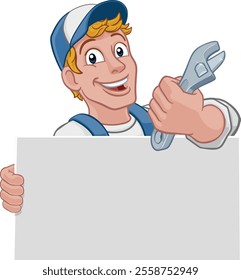 A handyman, mechanic, plumber or other construction cartoon mascot man holding a wrench or spanner tool.