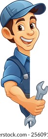 A handyman, mechanic, plumber or other construction cartoon mascot man holding a wrench or spanner tool.