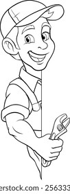 A handyman, mechanic, plumber or other construction cartoon mascot man holding a wrench or spanner tool.