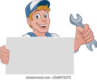 A handyman, mechanic, plumber or other construction cartoon mascot man holding a wrench or spanner tool.