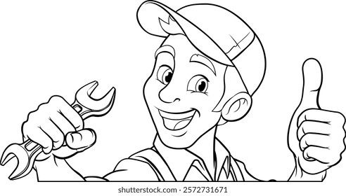 A handyman, mechanic, plumber or other construction cartoon mascot man holding a wrench or spanner tool.